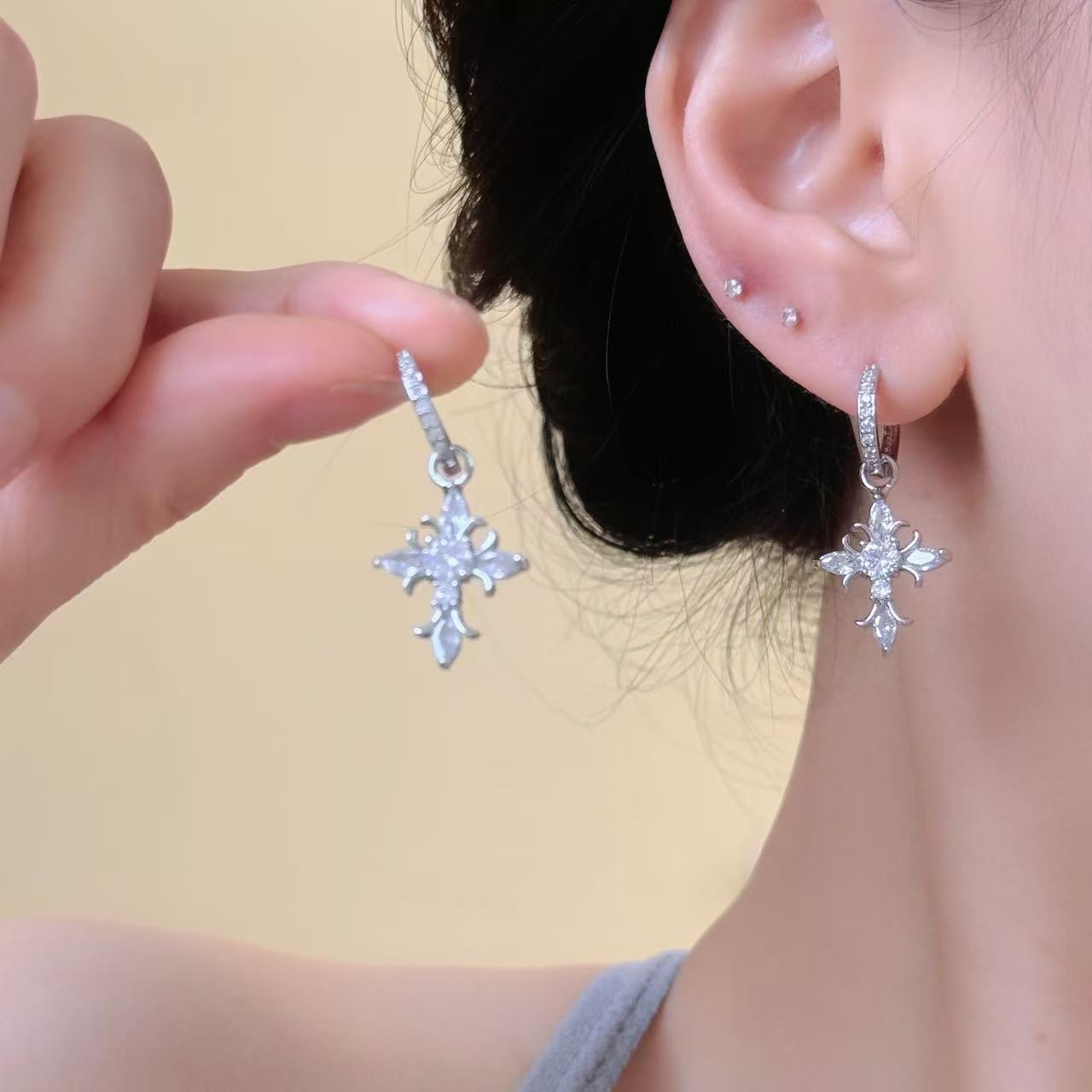 Sweet Style Micro-Encrusted Zirconium Baroque Cross Pendant Plain Hoop Earrings for Women Niche Design Earrings Trendy Earrings