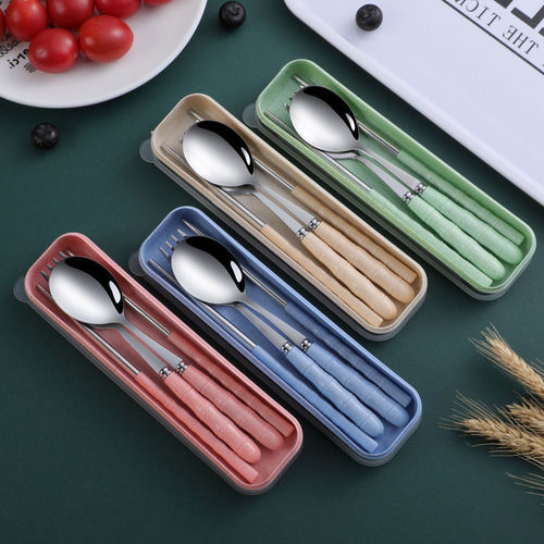 Portable tableware set made of wheat straw stainless steel Korean-style fork, spoon, and chopsticks three-piece set student tableware gift