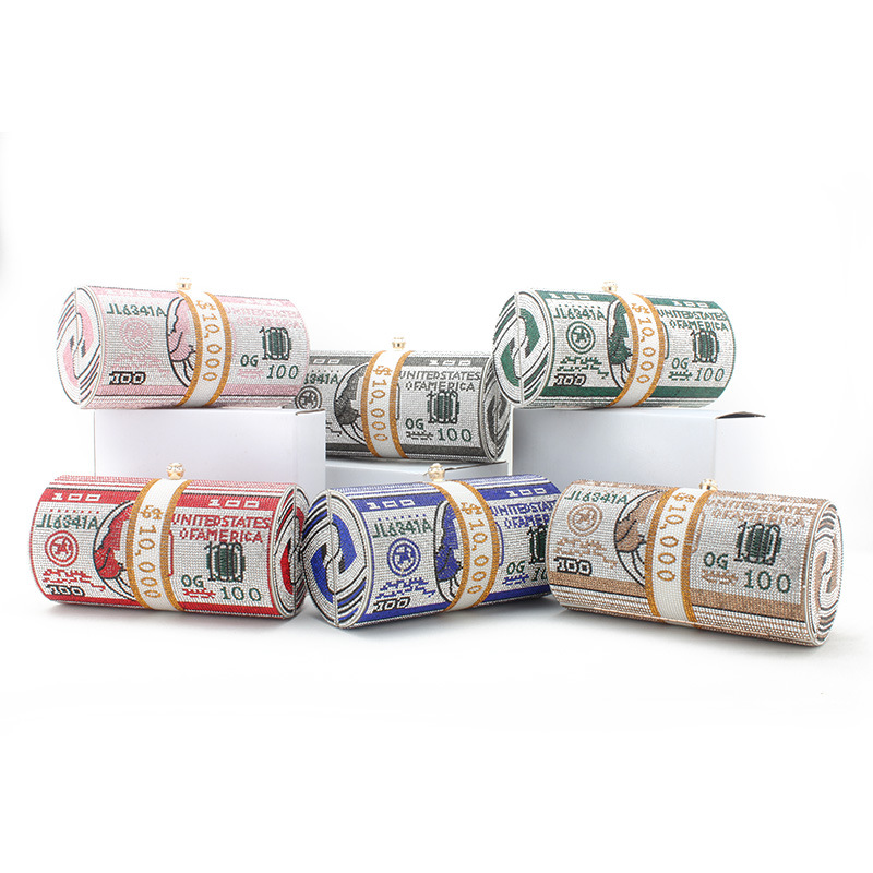 個性歐美跨境滿鑽圓筒單肩斜挎包美元包歐美時尚美金鑽石晚宴包女