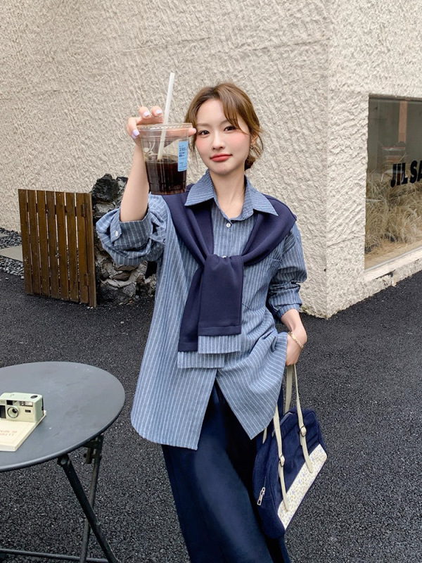 时尚减龄显瘦条纹衬衫披肩套装女装2025秋季新款半身裙休闲三件套|undefined