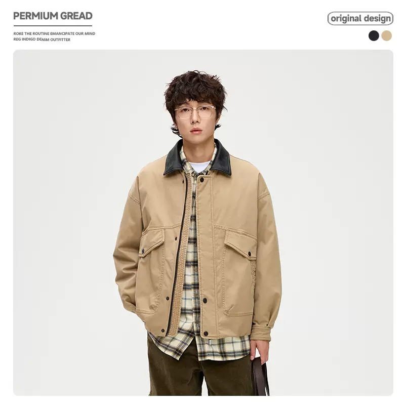 复古巴恩风拼接皮领工装羽绒服男士冬季宽松保暖90白鸭绒羽绒夹克