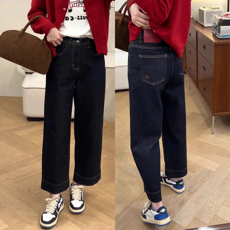 Straight-Leg Jeans for Women, Autumn and Winter New Style, Plus Size, Pear-Shaped Figure, High-Waisted, Slimming, Body-Covering, Wide-Leg Cropped Pants