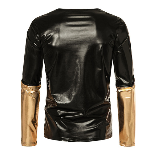  Men's gold black leather patchwork jazz dance shirts punk rock style gogo dancers performance  Long sleeved T-shirt  Nightclub bar dancing Bottom Top for Man