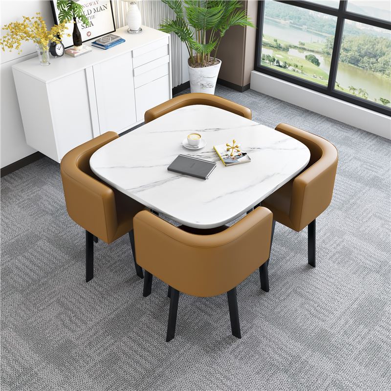 [Factory] 80mm imitation white stone square table brown leather chair
