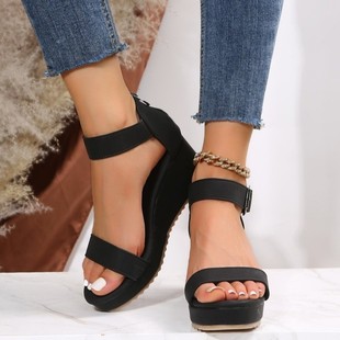 Large Size Wedge Sandals Women's European and American New Thick-soled Fishmouth Fashionable Sandals Rear Zipper One-button Roman Sandals