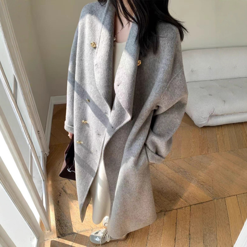 【Galaxy Hunter】New Style Stand-Up Collar Gold Buckle Elegant Double-Sided Wool Coat for Women, Extra-Long Loose Fit Jacket for Women