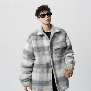 Xiaoxiangfeng woolen plaid coat men's high-end spring and autumn lapel single-breasted coat American retro couple clip