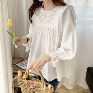 2025 Spring and Autumn New Korean Style Ruffled Doll Shirt Pregnant Women's Top Women's Solid Color All-match Crewneck Pleated Shirt for Women
