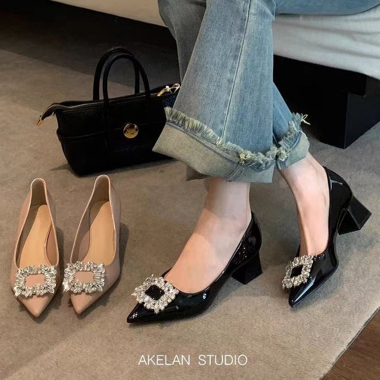 Pointed Toe Rhinestone Pumps With Chunky Mid Heel For Women_voghion.com