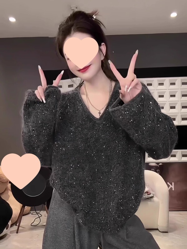 2025新款设计感秋装上衣重工细闪亮片毛衣女宽松外搭女装针织衫|undefined