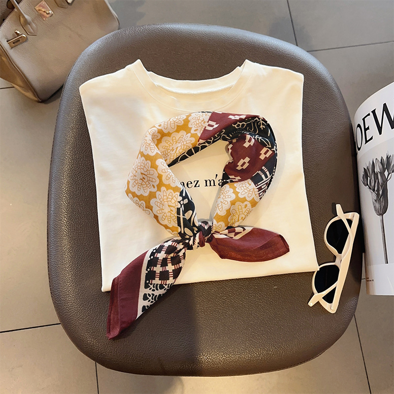 カシューフラワーステッチコットンとリネンの小さな正方形のスカーフ、女性の春夏の気質、シャツスーツのスカーフ、ファッショナブルなウエストスカーフ|undefined