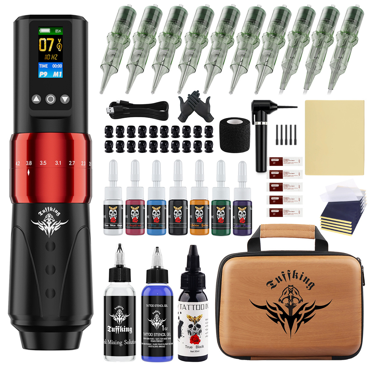 Máquina de tatuaje inalámbrica de batería dual de carrera ajustable para principiantes, juego de lápiz de tatuaje de pantalla, herramienta de tatuaje de niebla de línea cortada