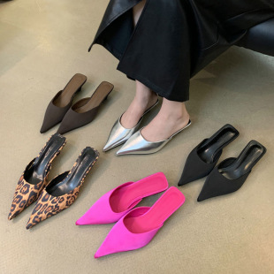 European Fashion Trend Pointed Toe Low Heel Half Slippers Summer New Niche Design Versatile High Heel Sandals