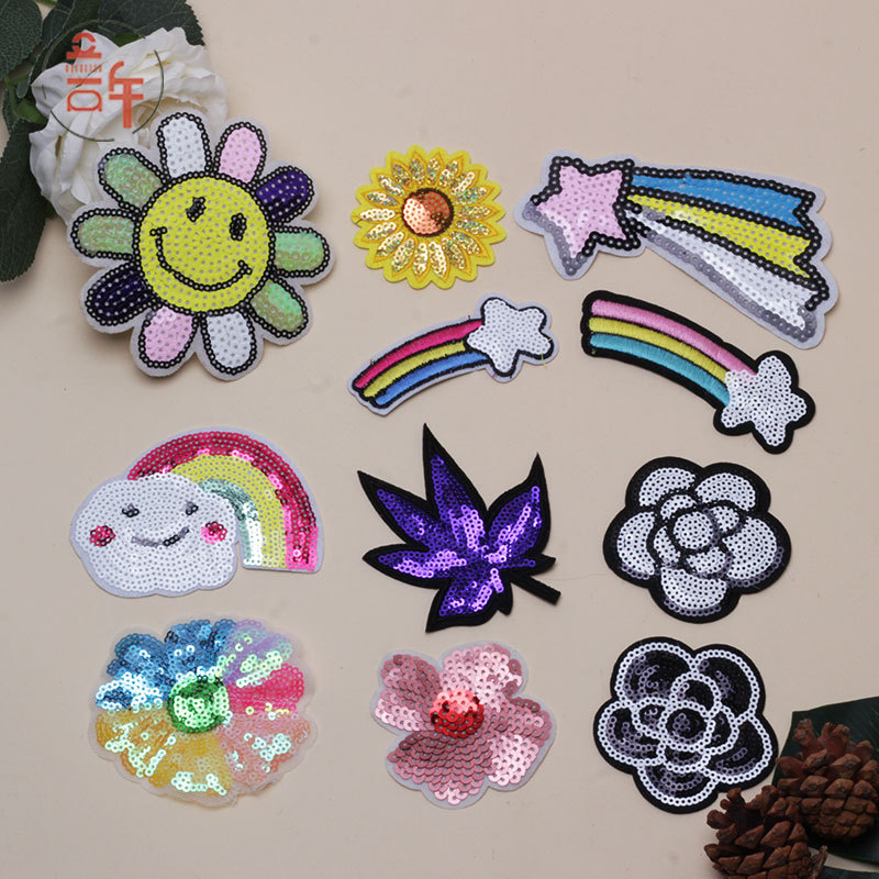 向日葵花形珠片贴标 彩虹五角星刺绣亮片布贴 服装装饰辅料绣花章