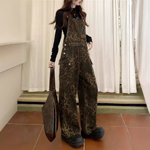 美式复古豹纹牛仔背带裤女春秋冬2025新款宽松感休闲百搭直筒长裤