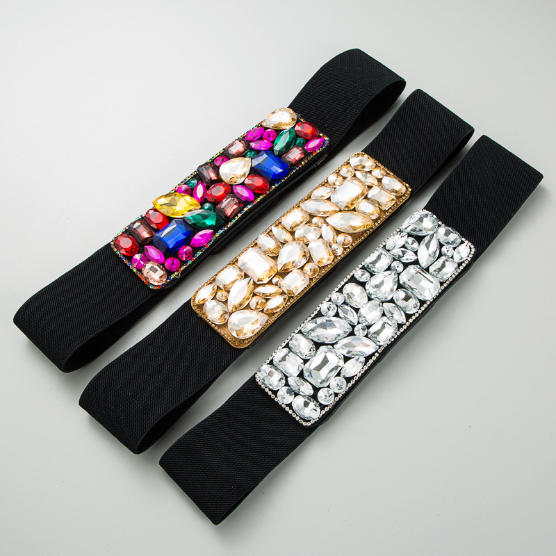 Cross border fashion Wide belt Elastic Elastic force Belt Girdle Color diamond Twinkle lady belt Trend Diamond Waist chain