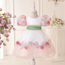 新款中童连衣裙欧根纱印花裙泡泡袖女童公主裙女童生日童礼服批发