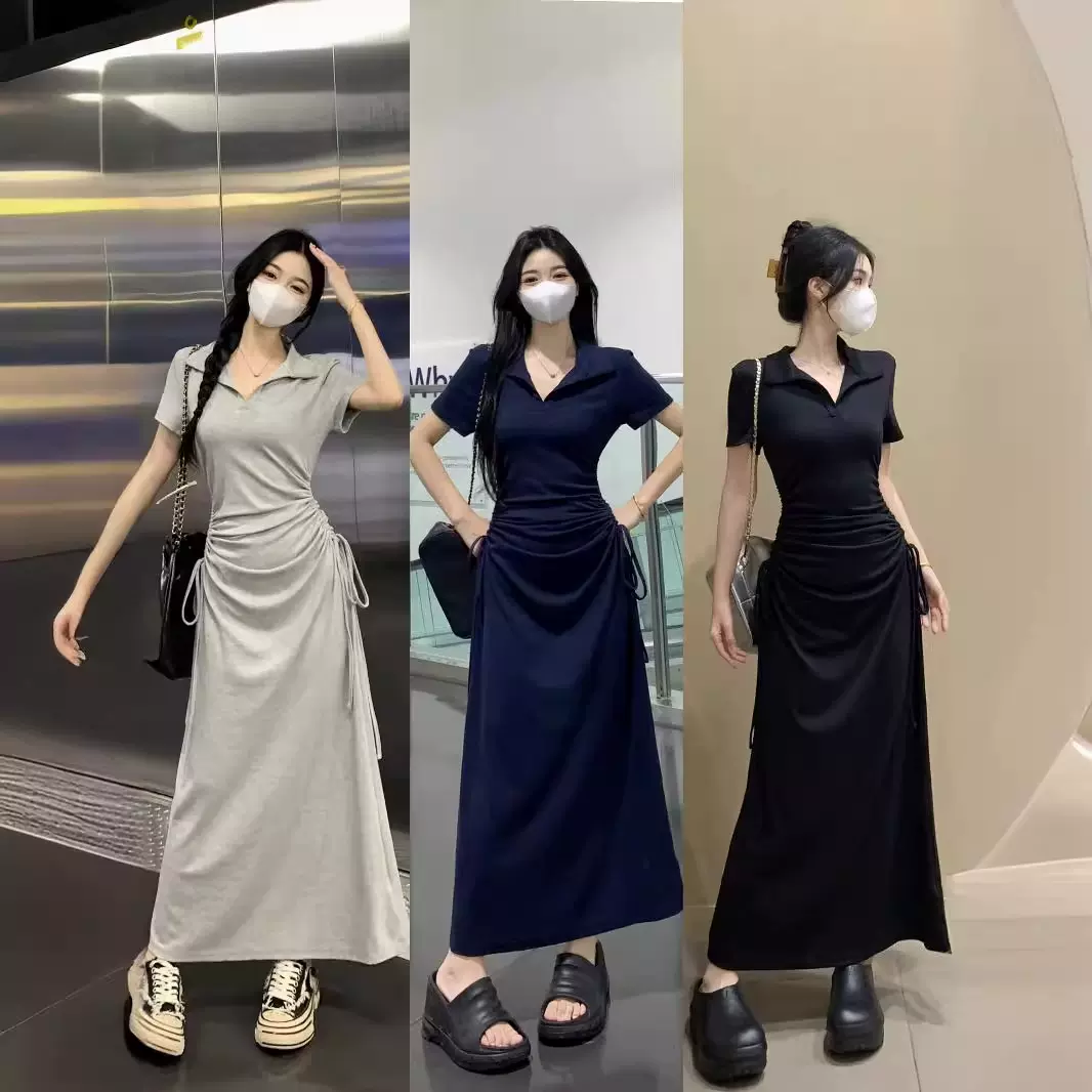 大码女装胖MM2025年夏季新款方领抽绳收腰显瘦A字长裙连衣裙