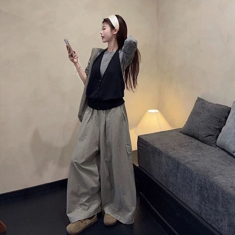 时尚韩系长袖针织衫叠穿挂脖背心女秋季显瘦百搭工装休闲裤三件套|undefined