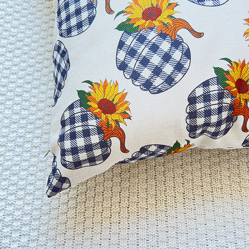 Halloween-sakeutettu pellavainen ruudullinen kurpitsakukkapainettu tyynyliina kodin sohvatyynyn päällinen_voghion.com