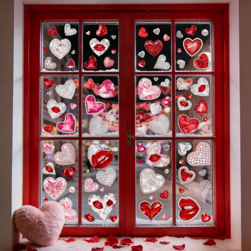 Labios rojos, piedras preciosas de amor, decoración del día de San valentín, pegatinas de puertas de vidrio electrostáticas, fiesta del festival, diseño de tiendas rosas y blancas image 5