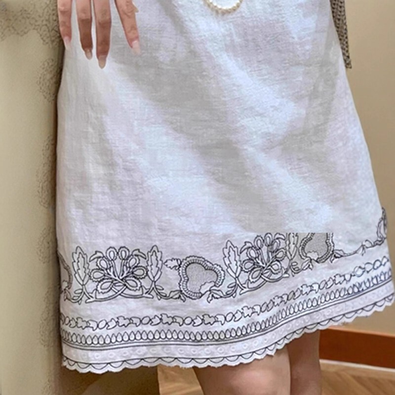 法式高级感白色苎麻印花无袖背心连衣裙女夏季新款洋气百搭棉麻裙|undefined