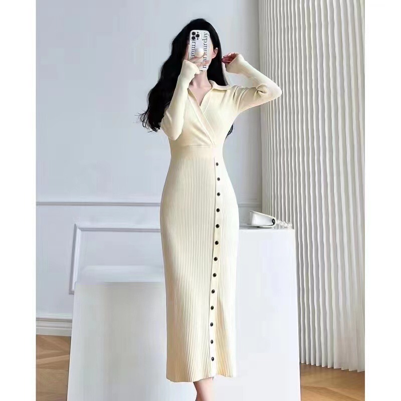 Knitted Dress for Women, Autumn, Waist-Cinching, Slimming, V-Neck, Mid-Length, Solid Color, Bodycon Dress, Long Sleeves, High Waist, Height-Enhancing Knitted Dress for Women, Autumn, Waist-Cinching, Slimming, V-Neck, Mid-Length, Solid Color, Bodycon Dress, Long Sleeves, High Waist, Height-Enhancing