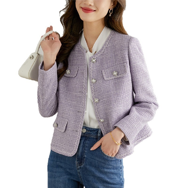 女性用の紫色の気質のシンプルな小さな香りのジャケット、春と秋のファッション、クラシックな社交界の女性、多用途のスリムなショートジャケット|undefined