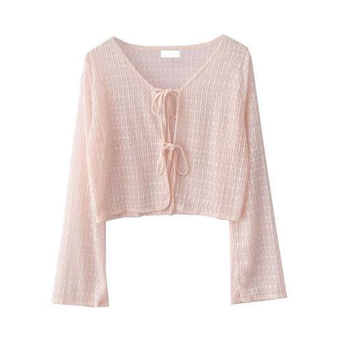 Chic summer thin lace mesh strappy sweater for outerwear, ice silk short mesh sun shirt with long sleeves for women