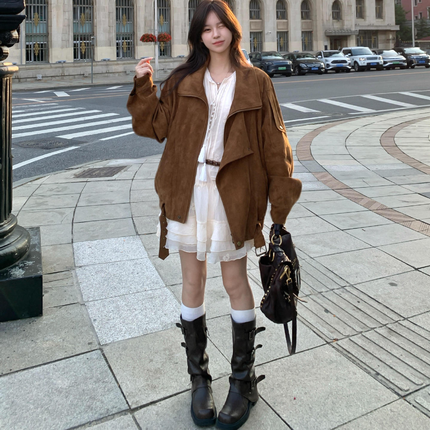 Korean Retro Gentle Suede Motorcycle Jacket for Women in Autum Loose Lapel Elegant Jacket Silhouette Top