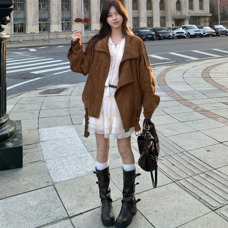 Korean Retro Gentle Suede Motorcycle Jacket for Women in Autum Loose Lapel Elegant Jacket Silhouette Top