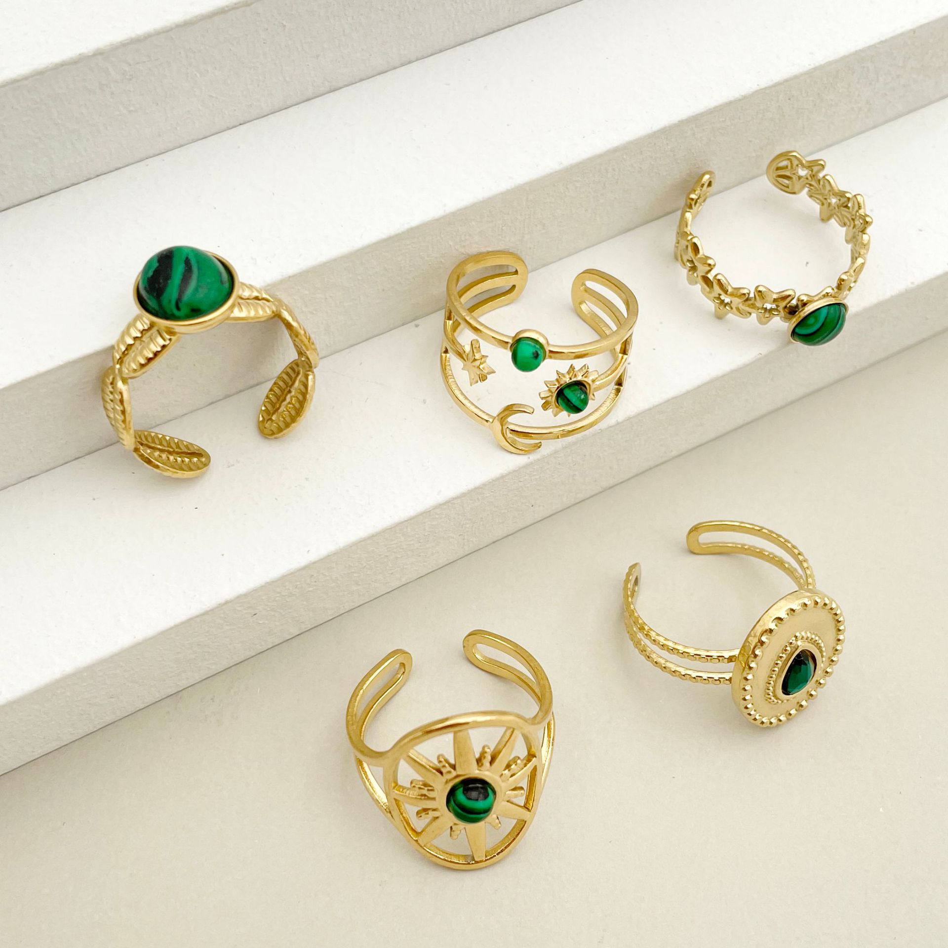 14K Gold Plated Plating Material December Birthstone Turquoise Inlay Material Wholesale Jewelry Retro Geometric 304 Stainless Steel Turquoise 14K Gold Plated Plating Stainless Steel Rings