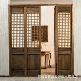 新中式老榆木格子门复古实木镂空花格隔断民宿茶室隔断屏风推拉门