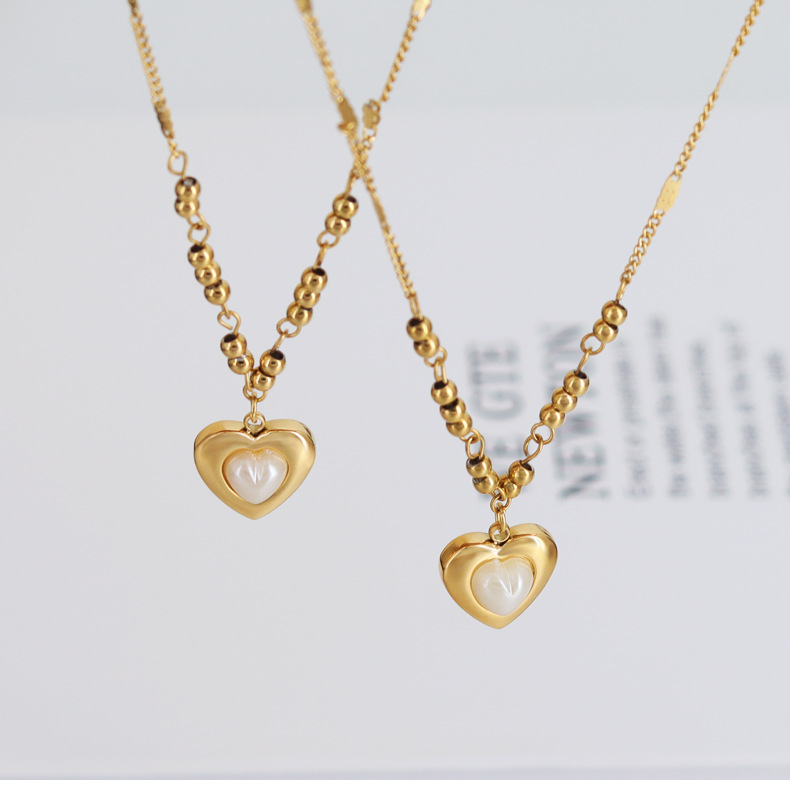 Fashion Heart Shape Titanium Steel Inlay Pearl Pendant Necklace 1 Piece