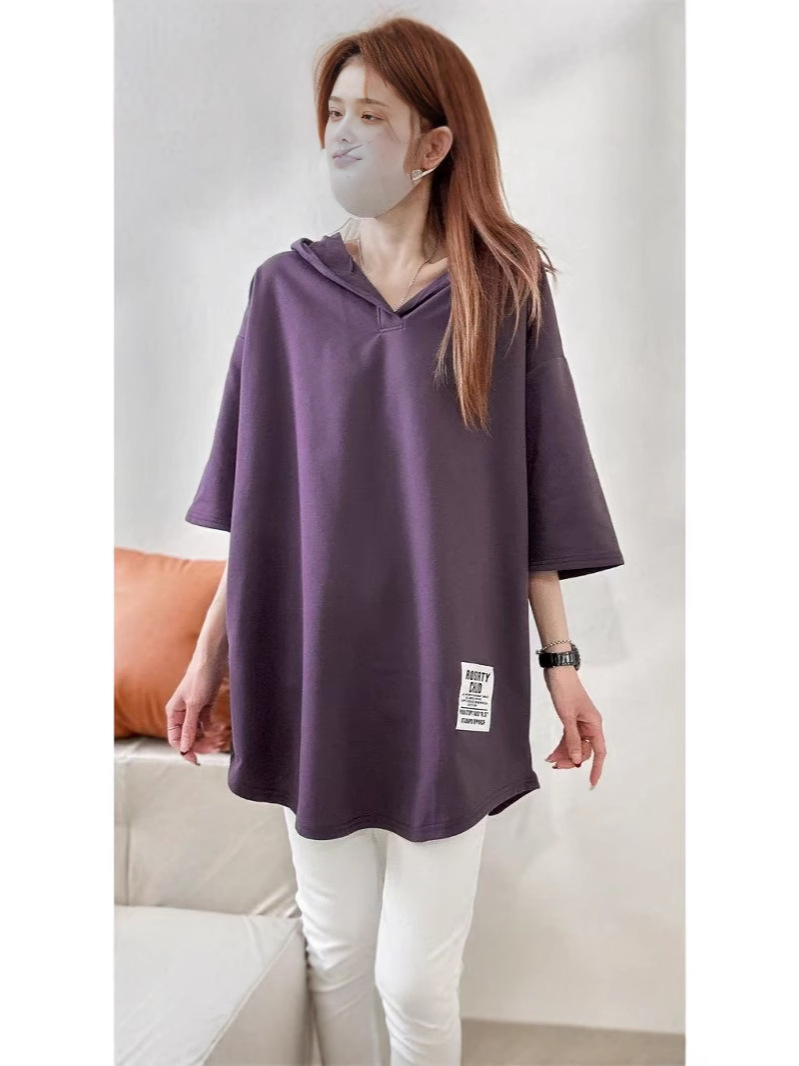 Small Fish Scale Plus Size Women's Top with Label Hooded Hem Asymmetrical T-Shirt 2025 Summer New Loose Fat mm