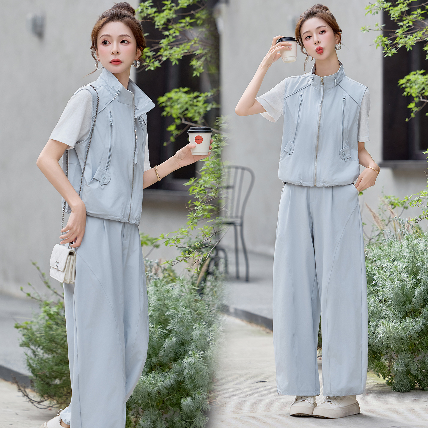 Bộ ba mảnh nữ gồm áo thun cổ tròn, áo vest cổ đứng và quần ống rộng phối đồ thanh lịch — màu xanh nhạt, màu xanh đậu