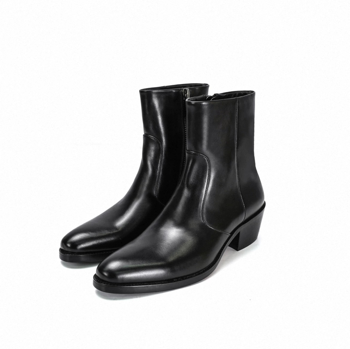 High-End Short Boots, Pointed Toe Chelsea Boots, Men's Boots, Stylish Side Zipper, Chunky Heel, Black
