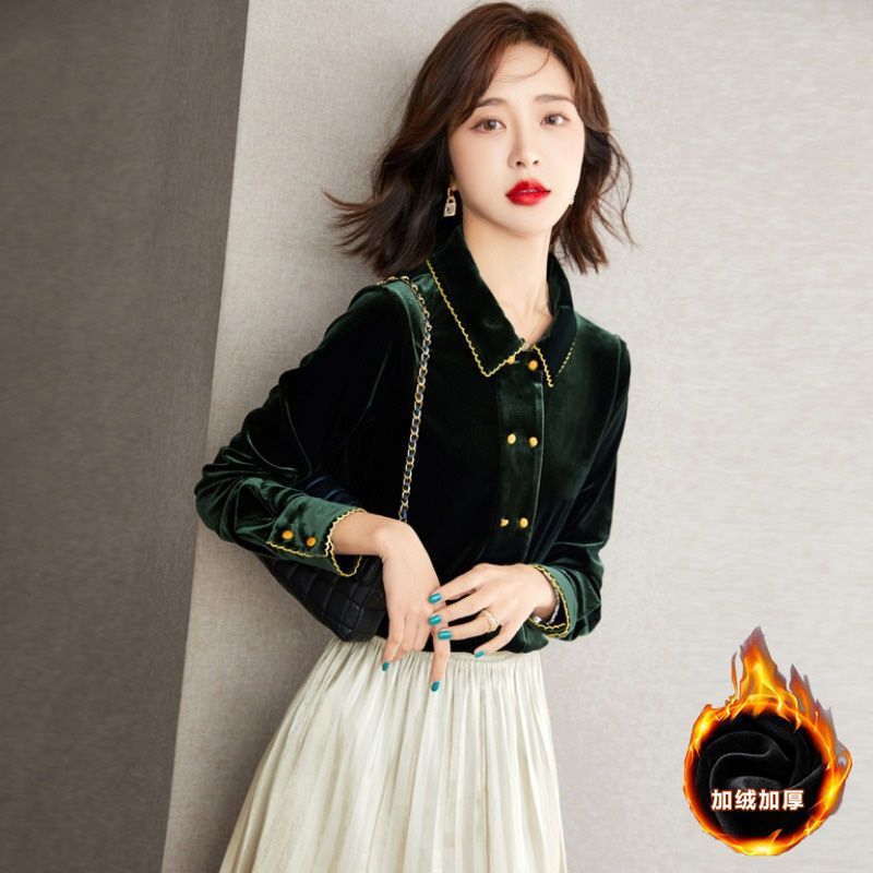 Green Gold Velvet Top Base Shirt Autumn and Winter 2023 New Women's Shirt Women's Shirt French Style Spring