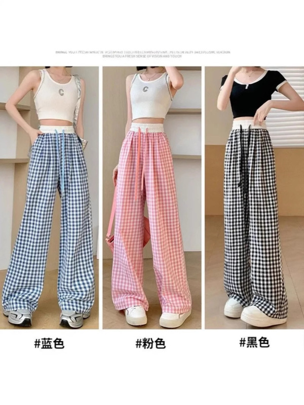 ピンクの格子柄ワイドパンツ レディース 夏 薄手 ゆったり カジュアル ストレート ドレープ ロングパンツ ハイウエスト 着痩せ効果|undefined