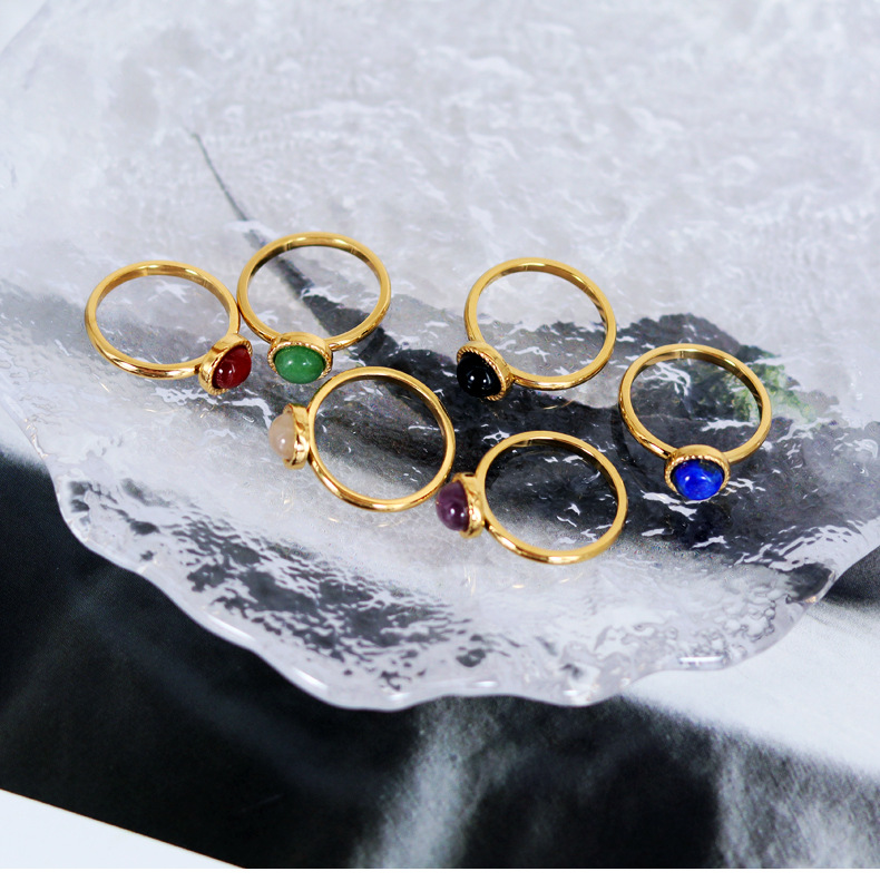 Titanium Steel 18K Gold Plated Casual Sweet Round Inlay Natural Stone Agate Rings display picture 5