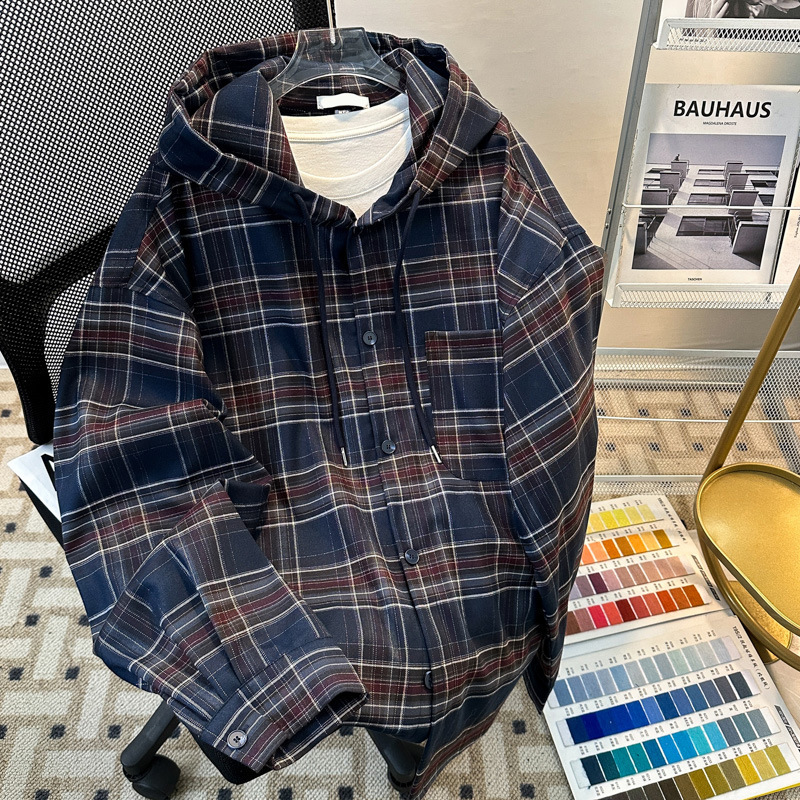 American Retro Hooded Design Plaid Color-Blocked Long-Sleeved Shirt Men's Spring & Fall New Loose Casual Shirt Jacket American Retro Hooded Design Plaid Color-Blocked Long-Sleeved Shirt Men's Spring & Fall New Loose Casual Shirt Jacket
