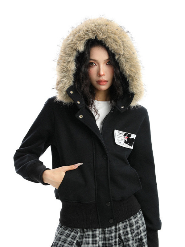 美式可拆卸大毛领连帽开衫拉链外套女春秋季新款韩系辣妹休闲夹克|undefined