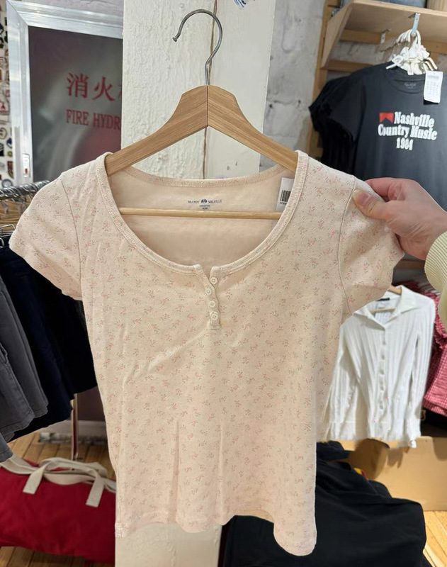 BM Style Light Pink Four-grain Buckle Floral Foundation Short-sleeved T-shirt Women's Bm Slim-fit Stretch Short Top