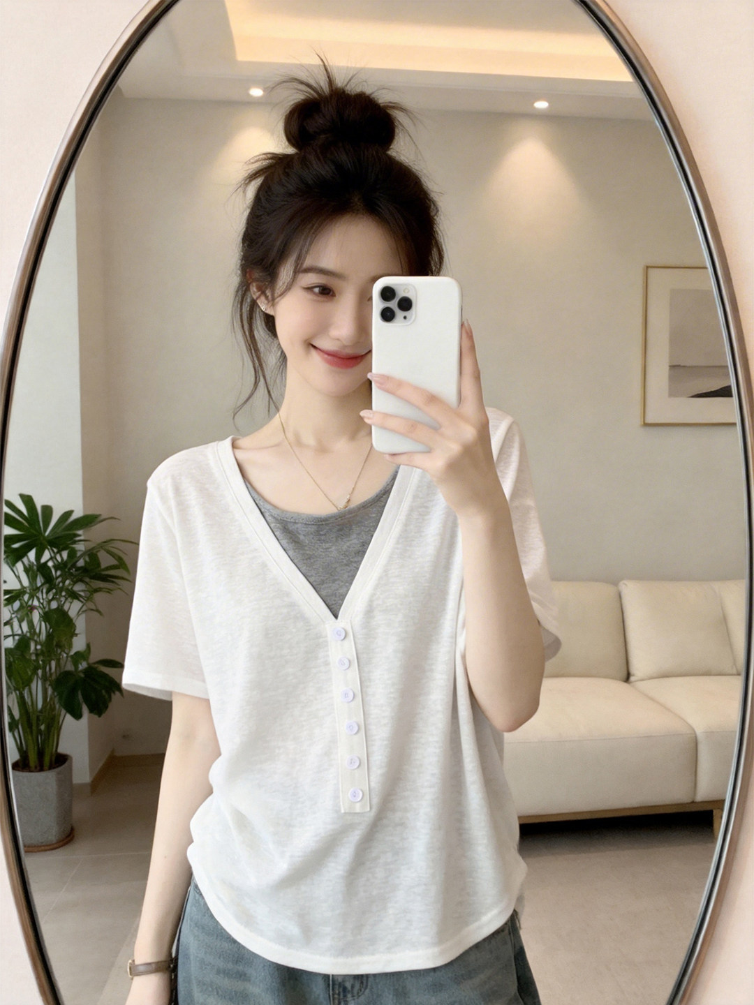 Áo thun nữ tay ngắn giả hai lớp chất liệu Ice Silk rộng thoải mái phong cách lười biếng dễ phối đồ — màu đen