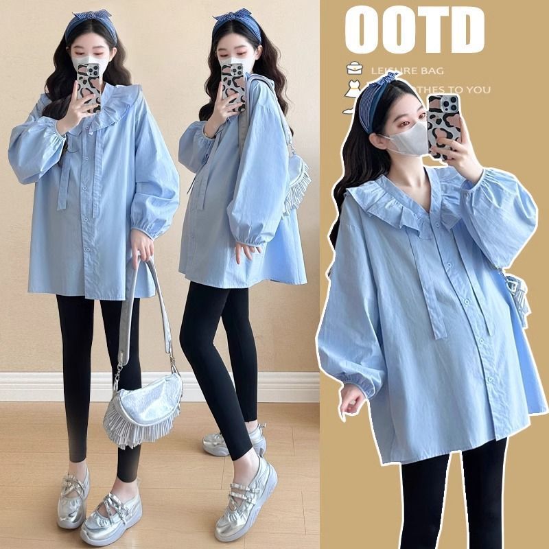 Maternity Tops 2026 Spring and Autumn New Long-Sleeve Set, Mid-Length Shirt, Korean Style, Tummy-Covering Maternity Two-Piece Set