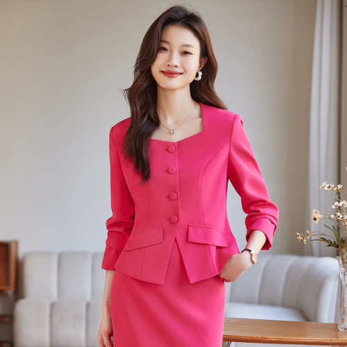 Pink suit suit skirt two-piece spring and autumn high-end temperament goddess style professional attire host formal wear