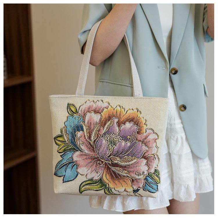 Double sided gold wire jacquard embroidered canvas student tutoring shoulder large capacity mommy bag, artistic style_voghion.com