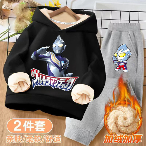 Ultraman Kids' Winter Fleece-Quilted Set, Boys' Two-Piece Sports Outfit, 2025 Long-Sleeved Warm Hoodie, Winter Clothing