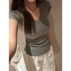 グレーの高級感のあるネジUの襟の上着の女性の夏の修身はやせています。