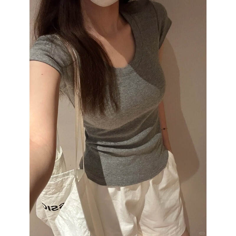 Gray High-Bottom Threaded U-Neck Top for Women in Summer, Slim Fit, Right Shoulder, Short-Sleeved T-Shirt, Fashionable Bottoming Shirt